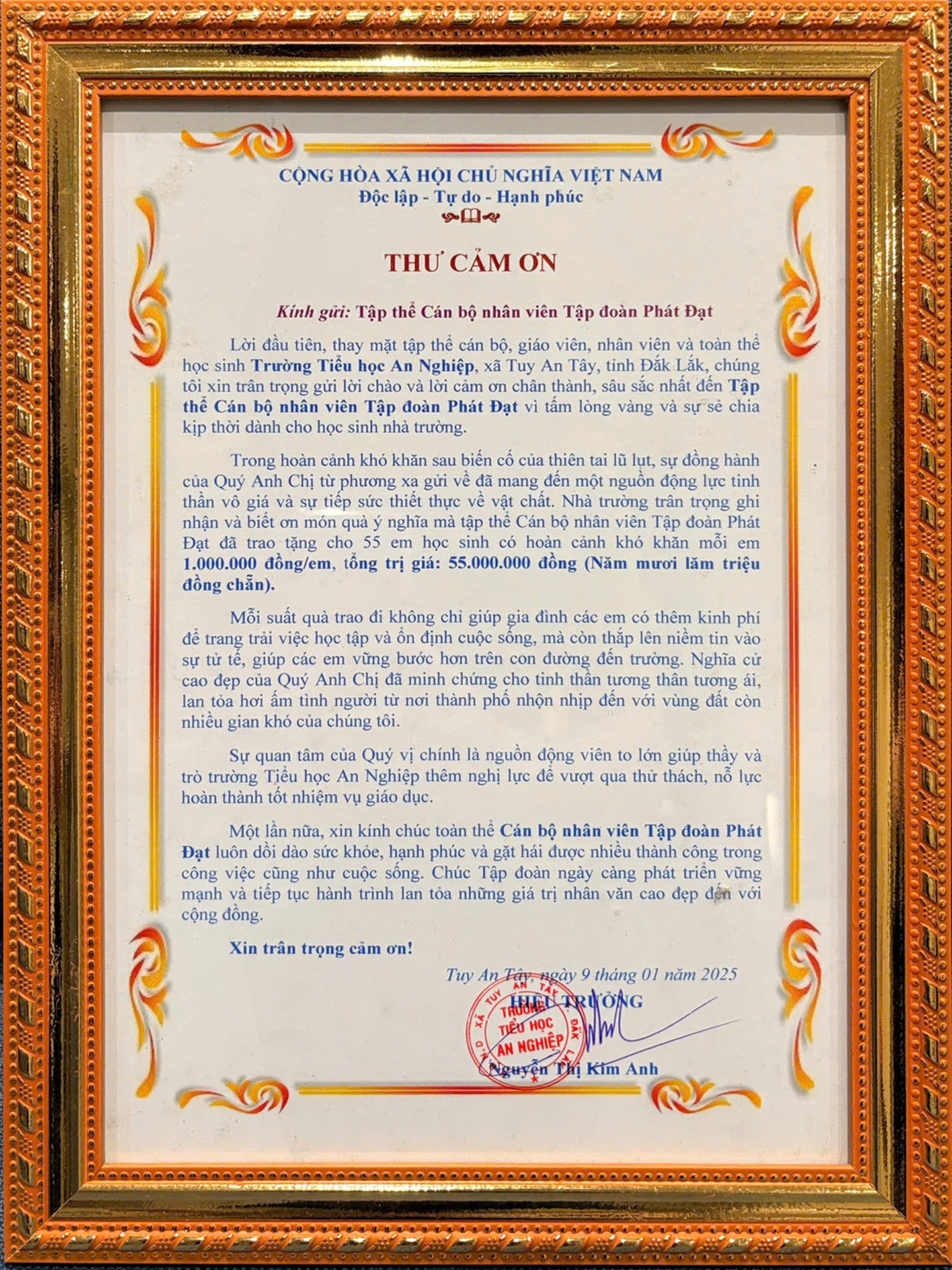 Thư cảm ơn từ Trường Tiểu học An Nghiệp gửi đến Tập thể Cán bộ nhân viên Tập đoàn Phát Đạt
