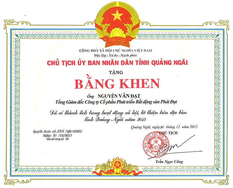 BẰNG KHEN CỦA UBND TỈNH QUẢNG NGÃI VỀ HOẠT ĐỒNG VÌ CỘNG ĐỒNG VÀ AN SINH XÃ HỘI NĂM 2013