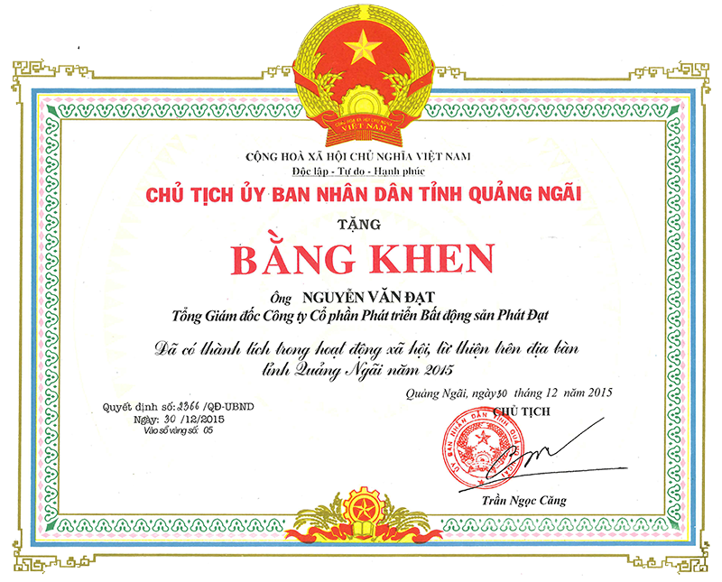 BẰNG KHEN CỦA UBND TỈNH QUẢNG NGÃI VỀ HOẠT ĐỒNG VÌ CỘNG ĐỒNG VÀ AN SINH XÃ HỘI NĂM 2015