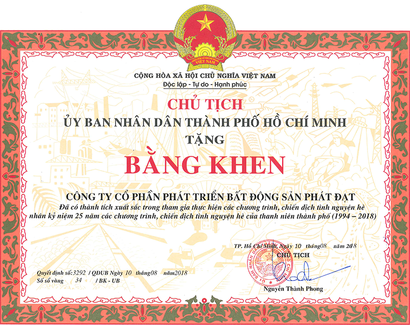 BẰNG KHEN CHỦ TỊCH UBND TP.HCM ĐÃ CÓ THÀNH TÍCH XUẤT SẮC TRONG THAM GIA THỰC HIỆN CÁC CHƯƠNG TRÌNH, CHIẾN DỊCH TÌNH NGUYỆN HÈ (1994 - 2018)